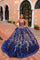 Quinceniera Dresses Long Ball Gown Glitter Print Detachable Sleeves Quinceanera Dress Royal Blue/Multi