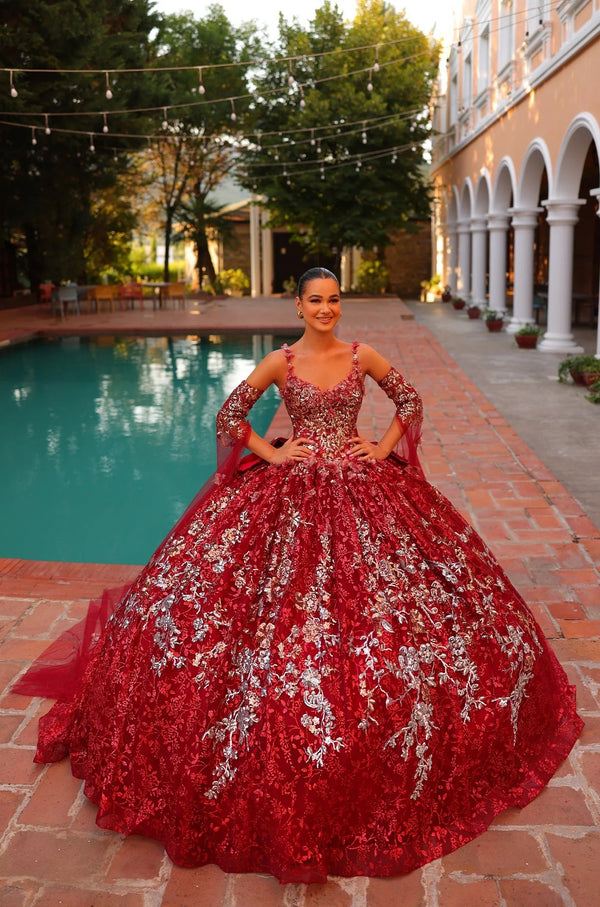 Quinceniera Dresses Long Ball Gown Glitter Print Detachable Sleeves Quinceanera Dress Red/Multi