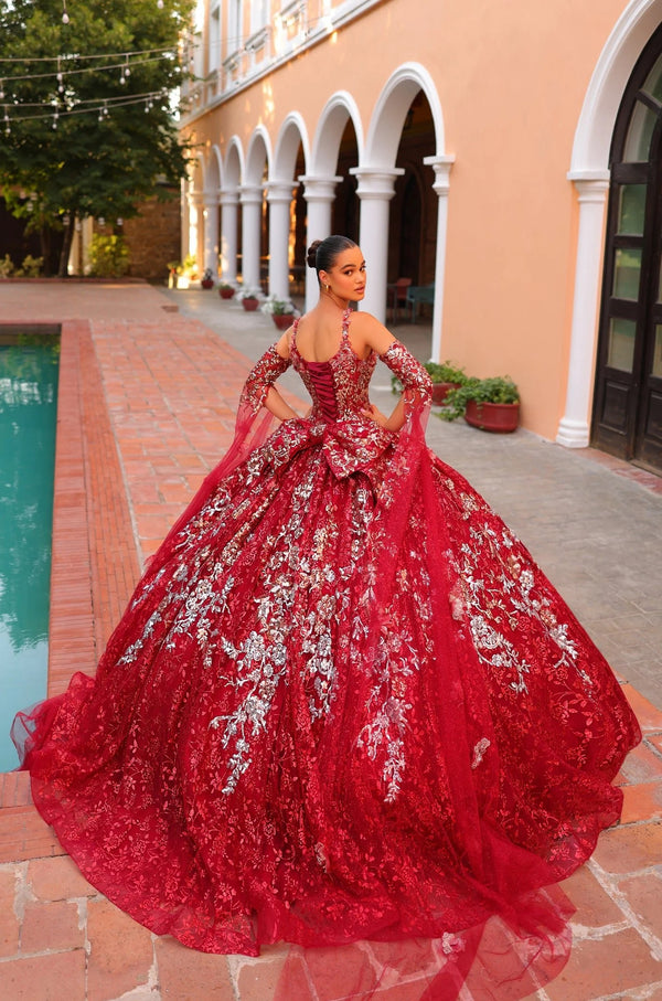 Quinceniera Dresses Long Ball Gown Glitter Print Detachable Sleeves Quinceanera Dress Red/Multi