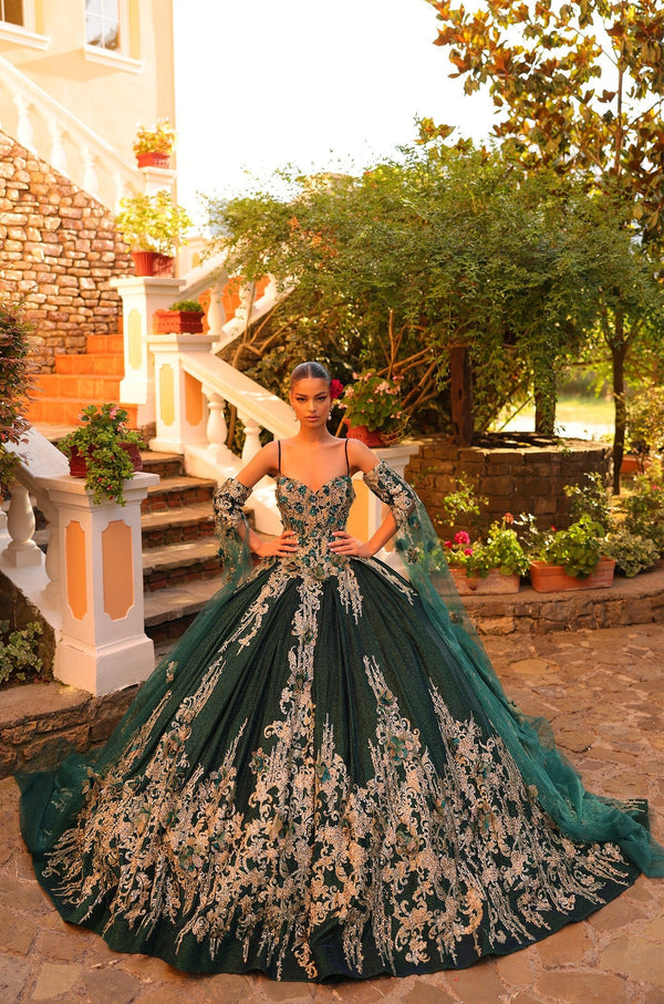 Amarra 54326 Long Glitter Cape Sleeve Quinceanera Dress
