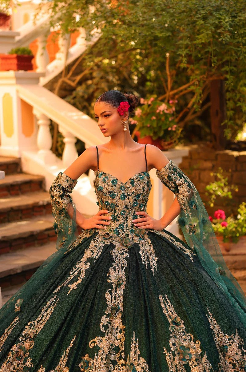 Amarra 54326 Long Glitter Cape Sleeve Quinceanera Dress