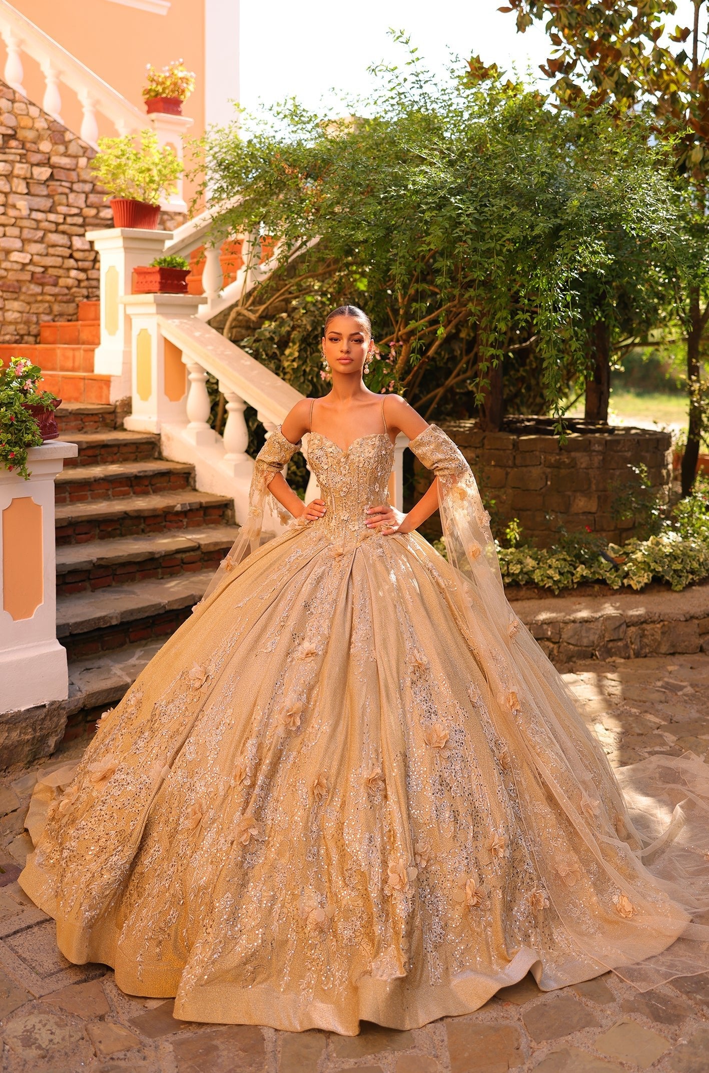 Gold Amarra 54326 Long Glitter Cape Sleeve Quinceanera Dress for $1598. ...