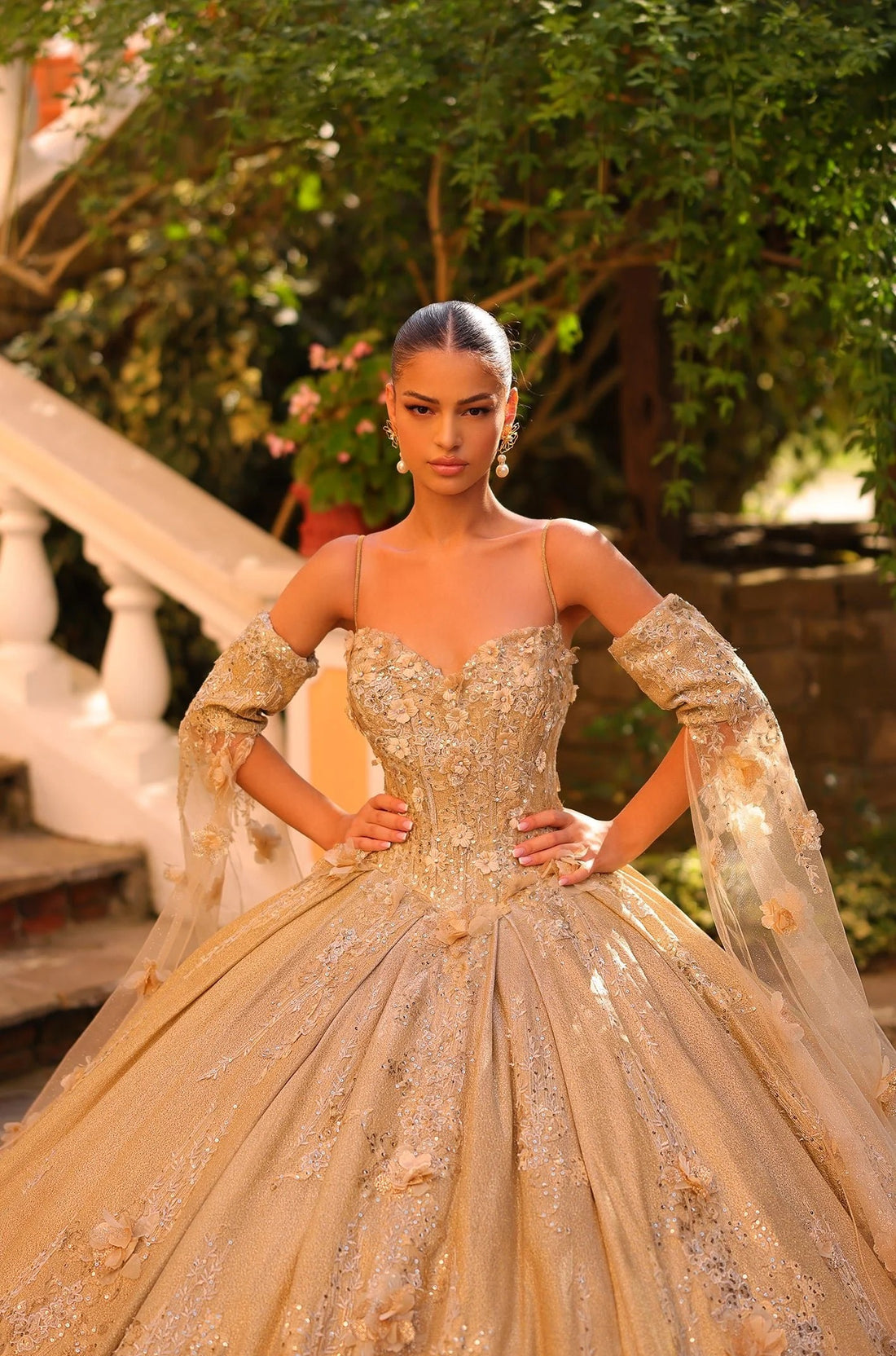 Gold Amarra 54326 Long Glitter Cape Sleeve Quinceanera Dress for $1598. ...
