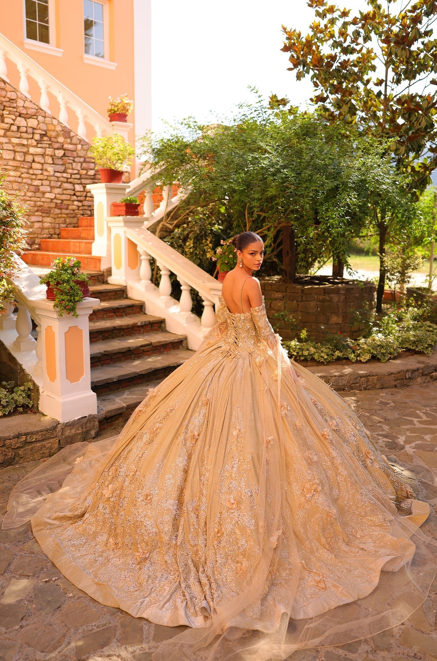 Amarra 54326 Long Glitter Cape Sleeve Quinceanera Dress