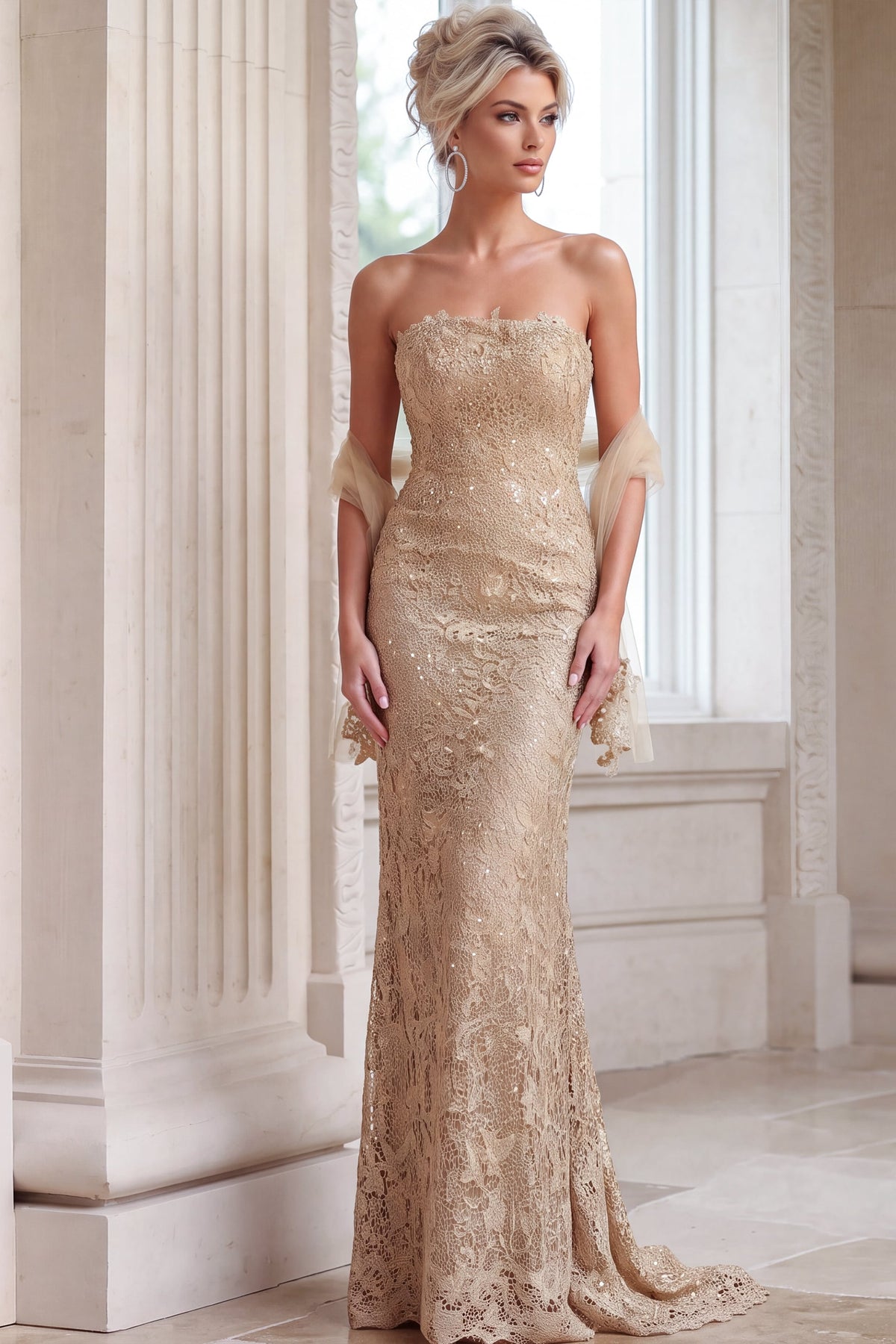 Strapless Curved Neck Floor-Length Lace Formal Mermaid Jovani 54330