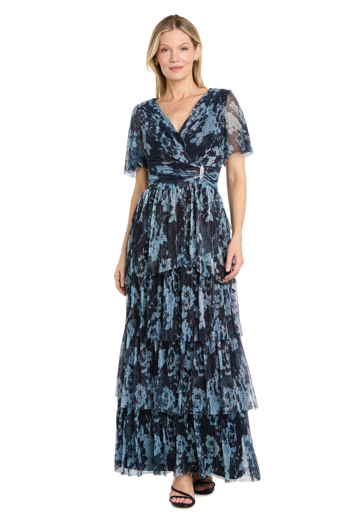 Cadet/Periwinkle R&M Richards 5441 V-Neck Floor-Length Metallic Evening Gown Floral
