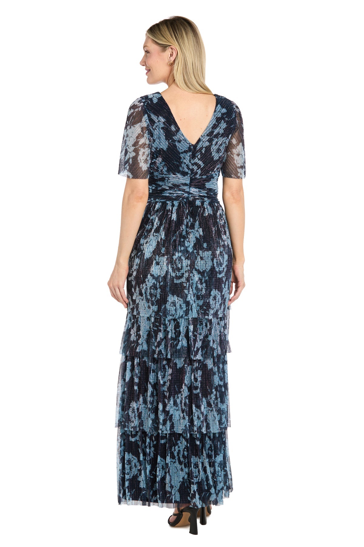 Cadet/Periwinkle R&M Richards 5441 V-Neck Floor-Length Metallic Evening Gown Floral