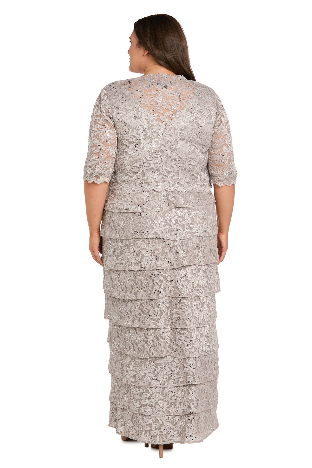 Champagne R&M Richards 5465W Scoop-Neck Floor-Length Lace Evening Sequined Gown