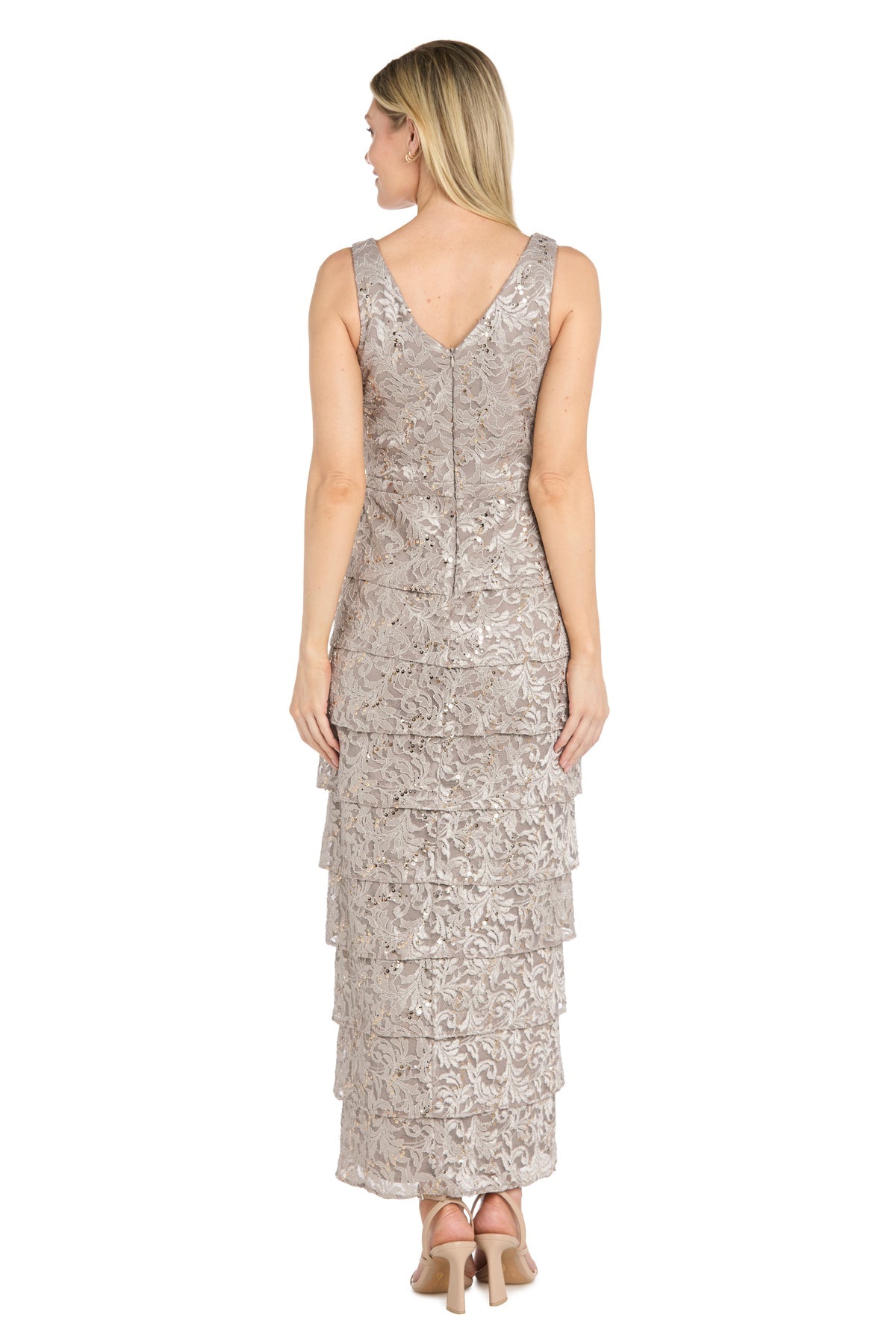 Champagne R&M Richards 5465 Scoop-Neck Floor-Length Lace Mother of the Bride Sequined Gown
