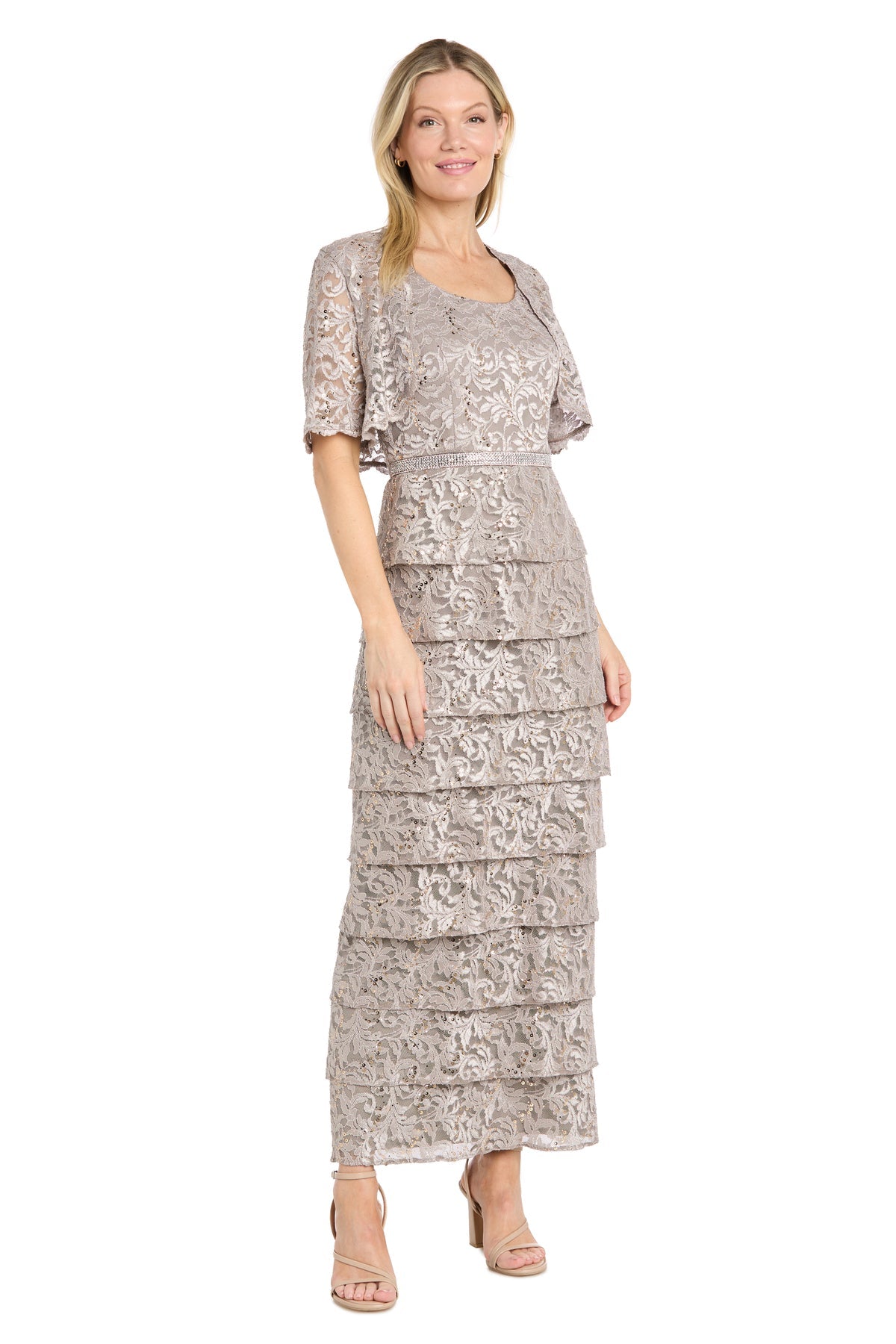 Champagne R&M Richards 5465 Scoop-Neck Floor-Length Lace Mother of the Bride Sequined Gown