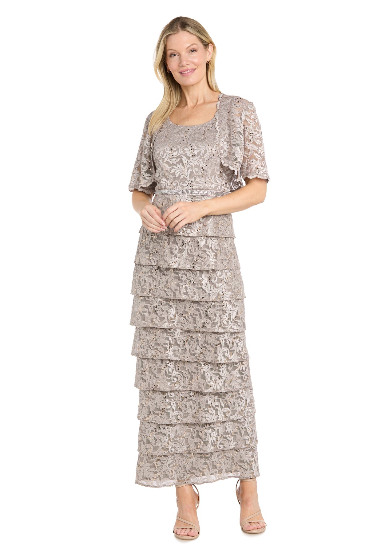 Champagne R&M Richards 5465 Scoop-Neck Floor-Length Lace Mother of the Bride Sequined Gown