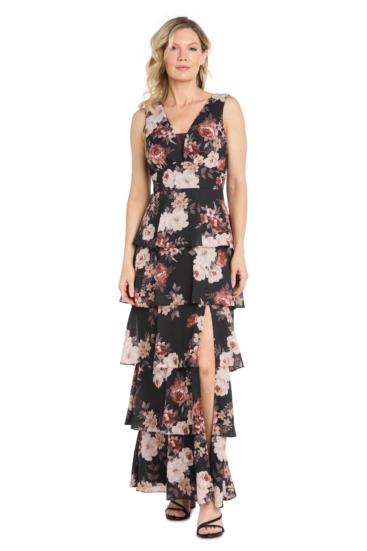 R & M Richards Women's Printed Multi Tiered Dress, Black, 12