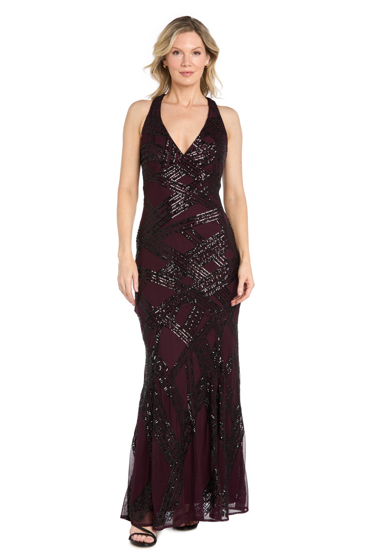 Black R&M Richards 5481P V-Neck Floor-Length Sequin Formal Evening Gown