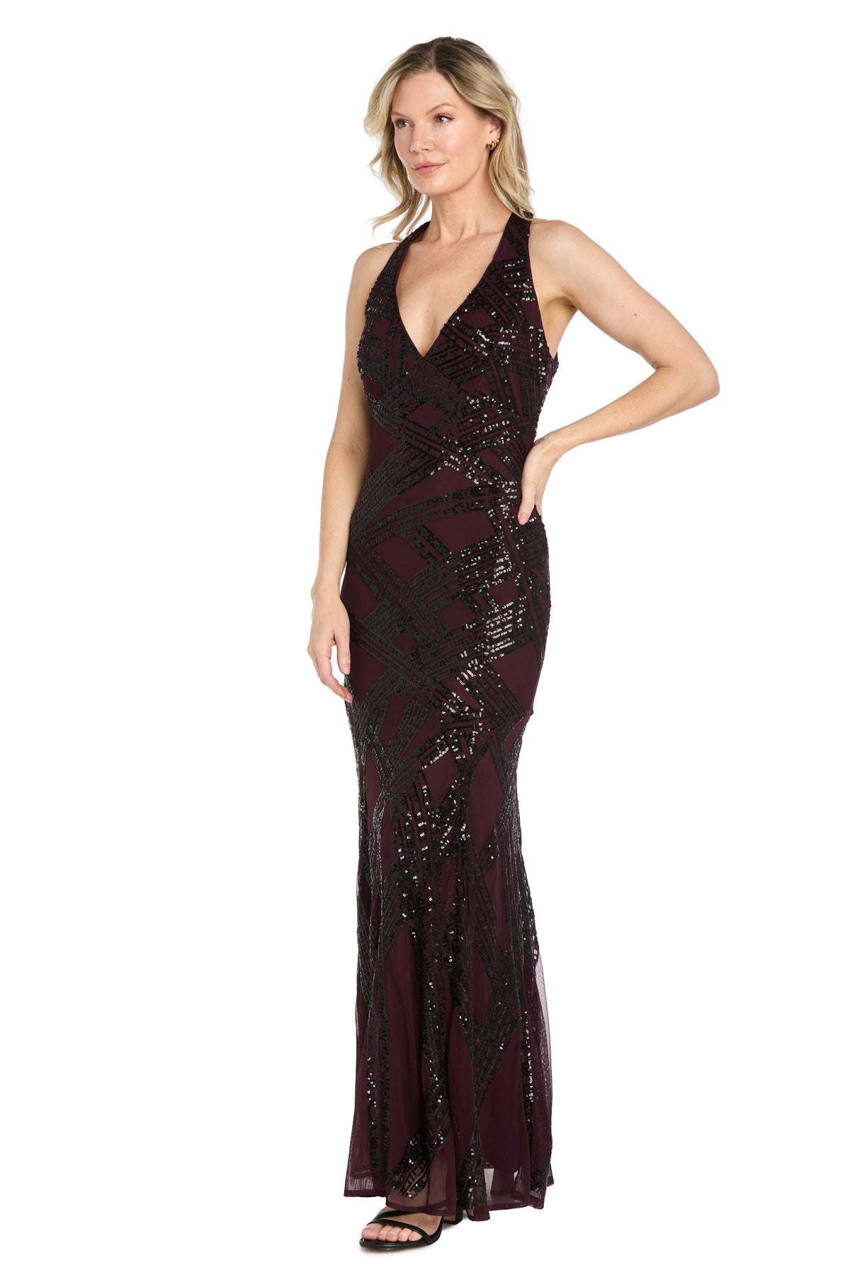 Black R&M Richards 5481P V-Neck Floor-Length Sequin Formal Evening Gown
