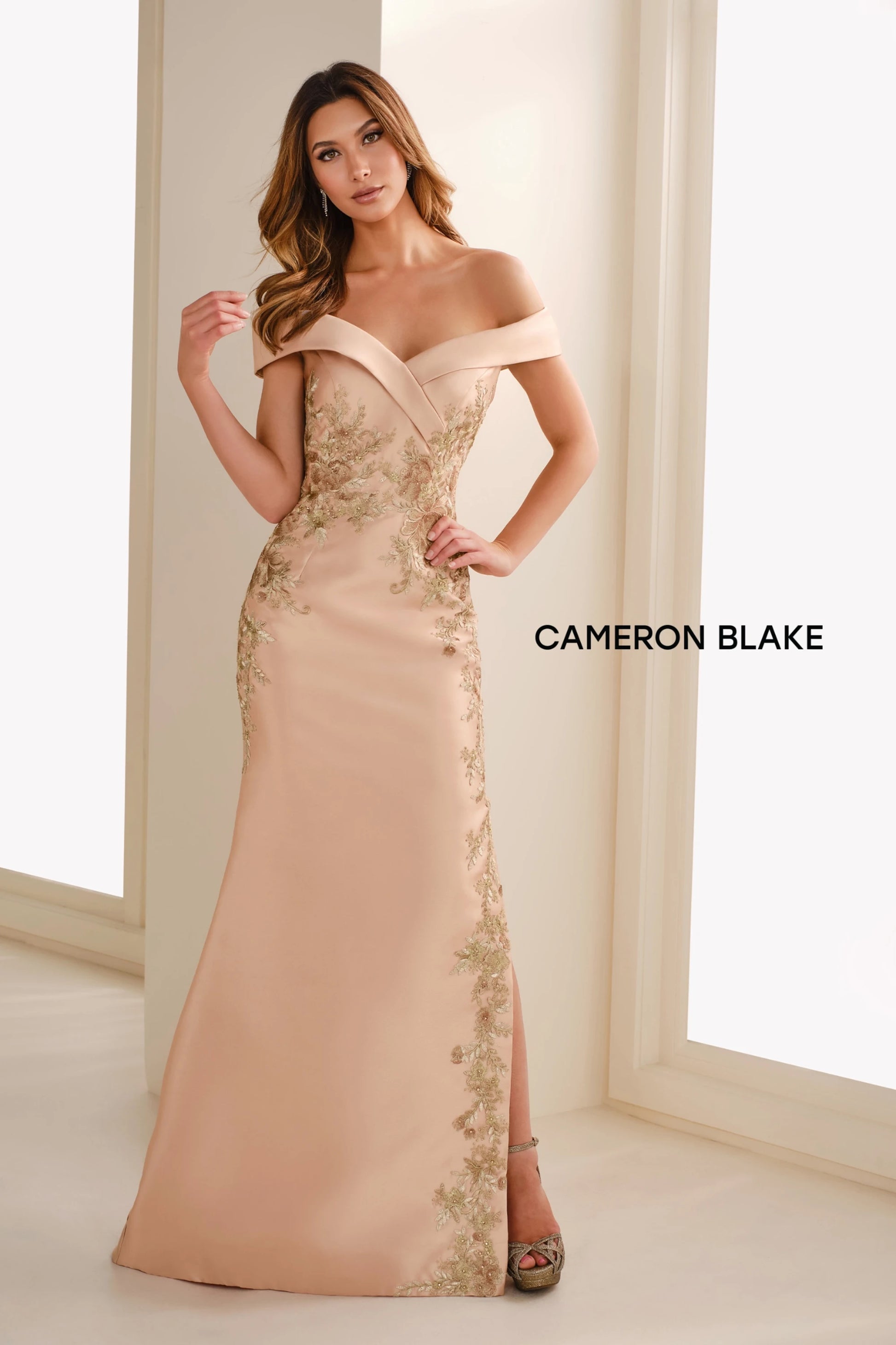 Cameron Blake CB777 Floral Long Lace Applique Evening Formal Dress