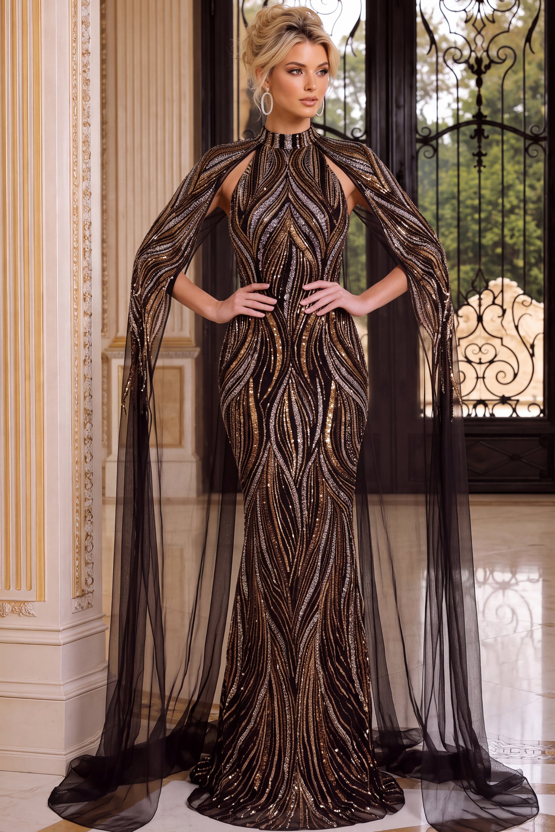 Crew High-Neck Floor-Length Sequin Evening Mermaid Jovani 54920