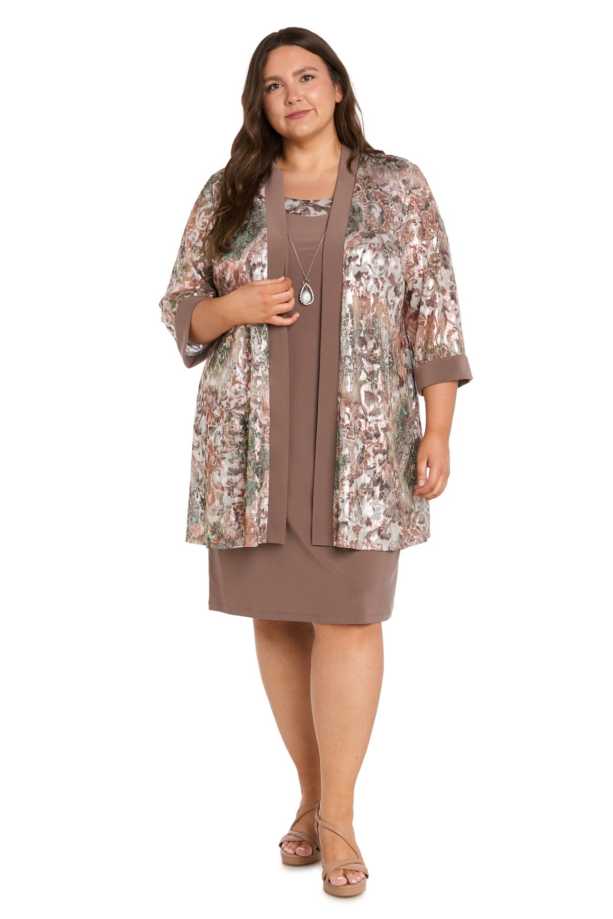 Mushroom R&M Richards 5496W Scoop-Neck Knee-Length Jersey Cocktail Metallic Dress