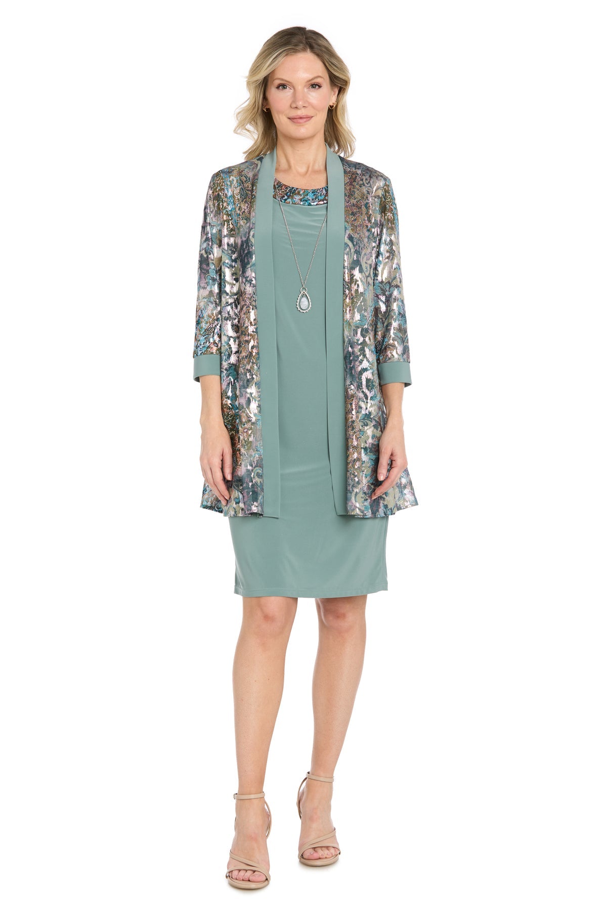 Slate R&M Richards 5496 Scoop-Neck Knee-Length Jersey Cocktail Dress Metallic Jacket