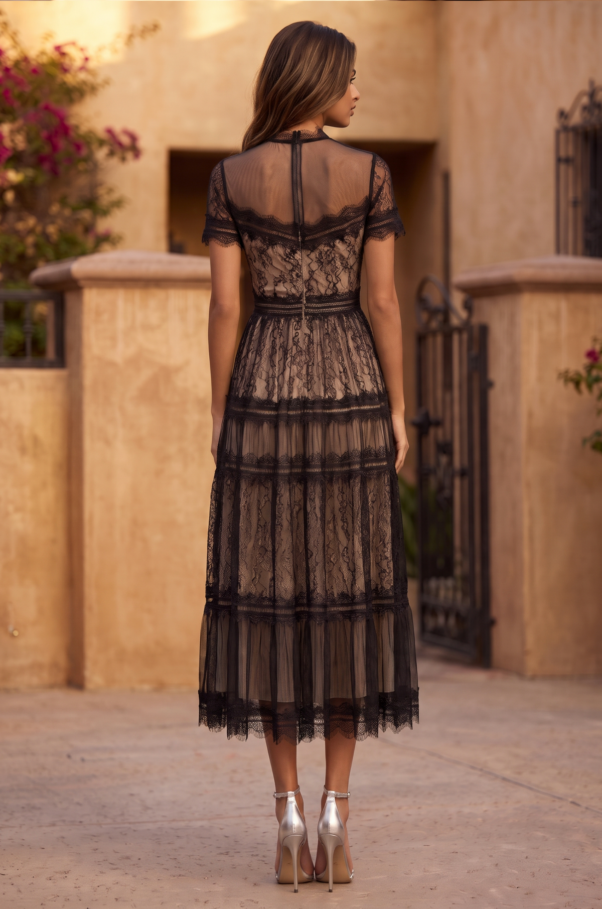 Elegant Short Sleeve Midi Lace Formal Cocktail Dress