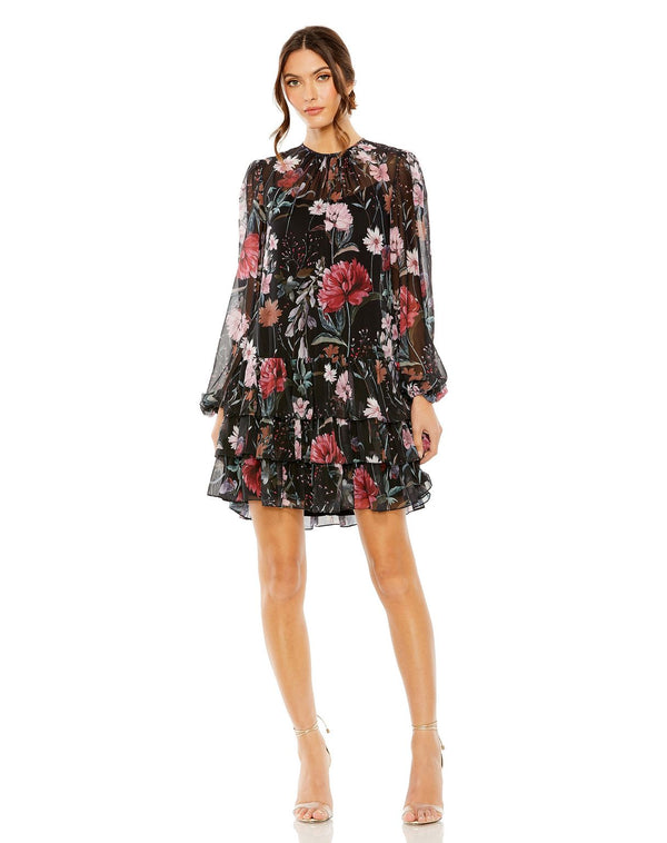 Short Floral Print Long Sleeve Dress Cocktail Mac Duggal 55075