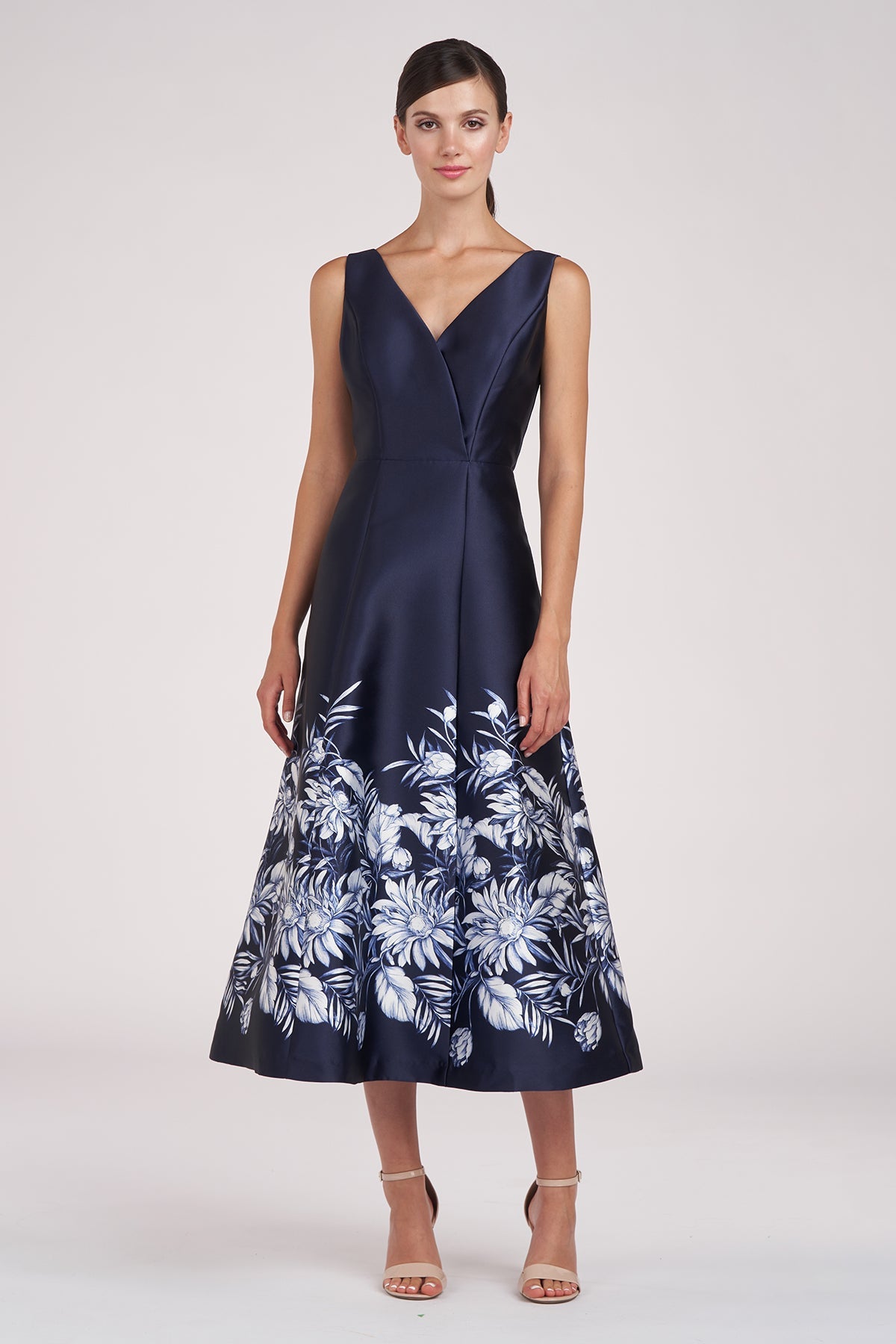 Tea-Length Mikado Floral Cocktail Dress Kay Unger 55111467
