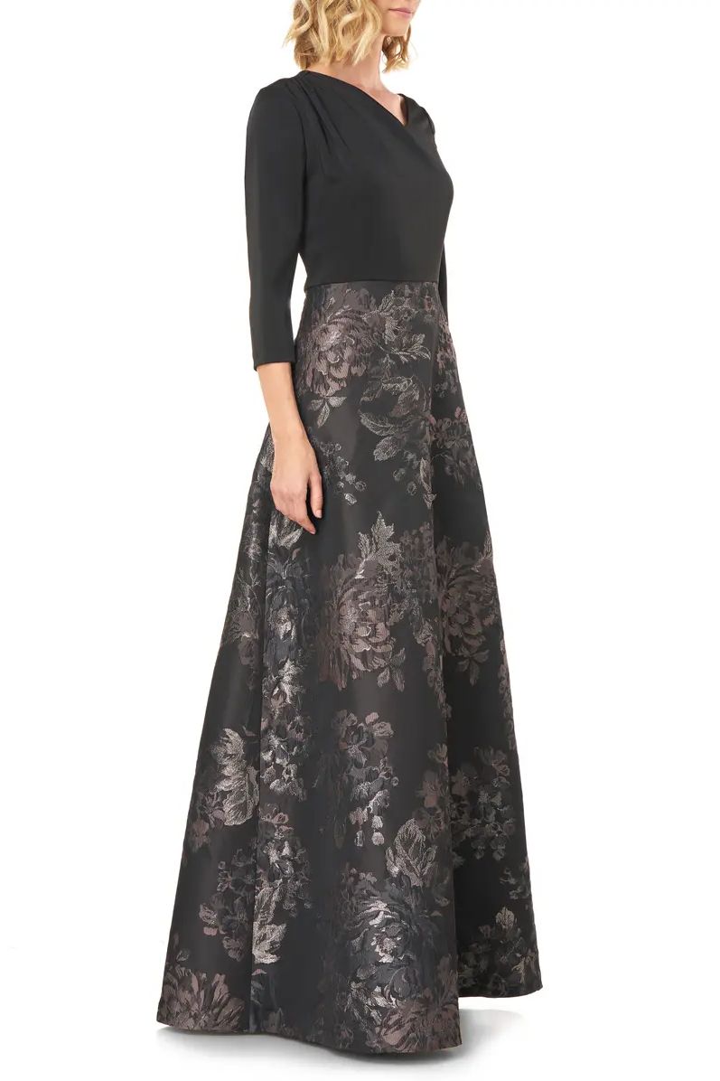 Kay Unger 5511409 Long Floral 3/4 Sleeve Formal Dress