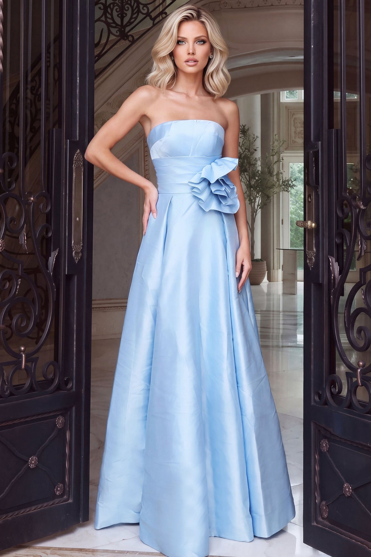 Strapless Curved Neck Floor-Length Satin Occasion Ball Gown Jovani 55121