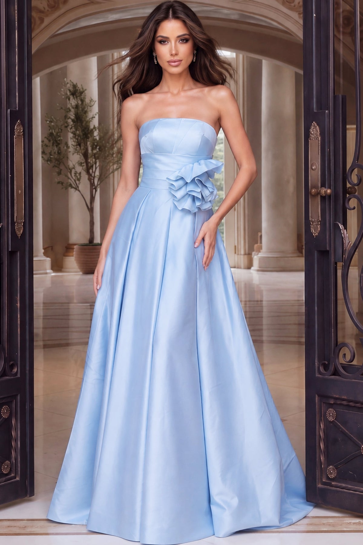 Strapless Curved Neck Floor-Length Satin Occasion Ball Gown Jovani 55121
