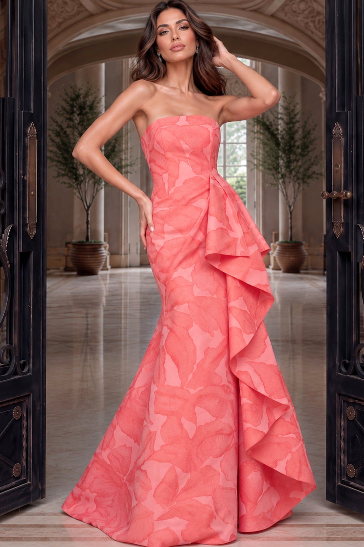 Strapless Curved Neck Floor-Length Satin Occasion Mermaid Jovani 55154