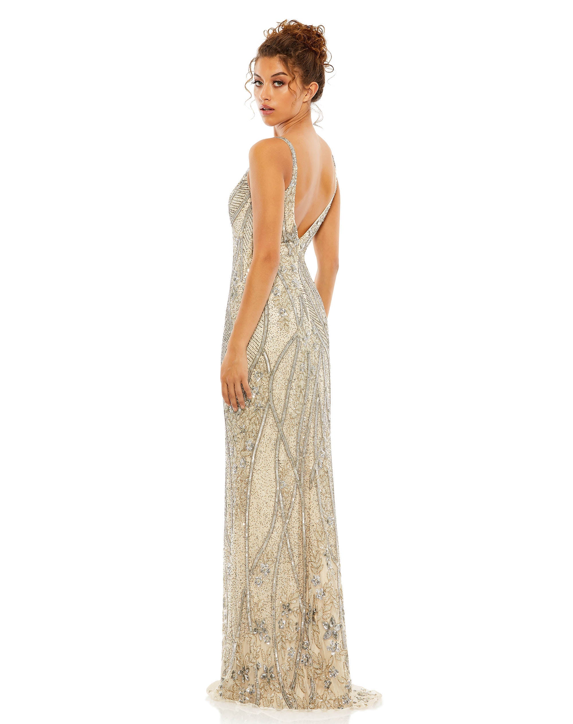 Prom Dresses Fitted Sequin Beaded Formal Prom Long Dress Silver Nude