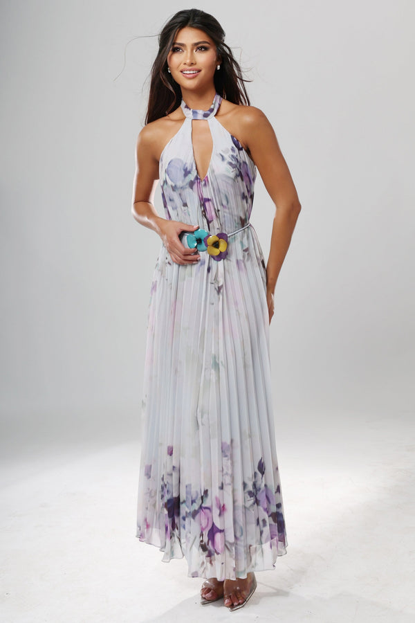 Halter Tea Length Pleated Chiffon Floral Print Evening Dress Jovani 55317