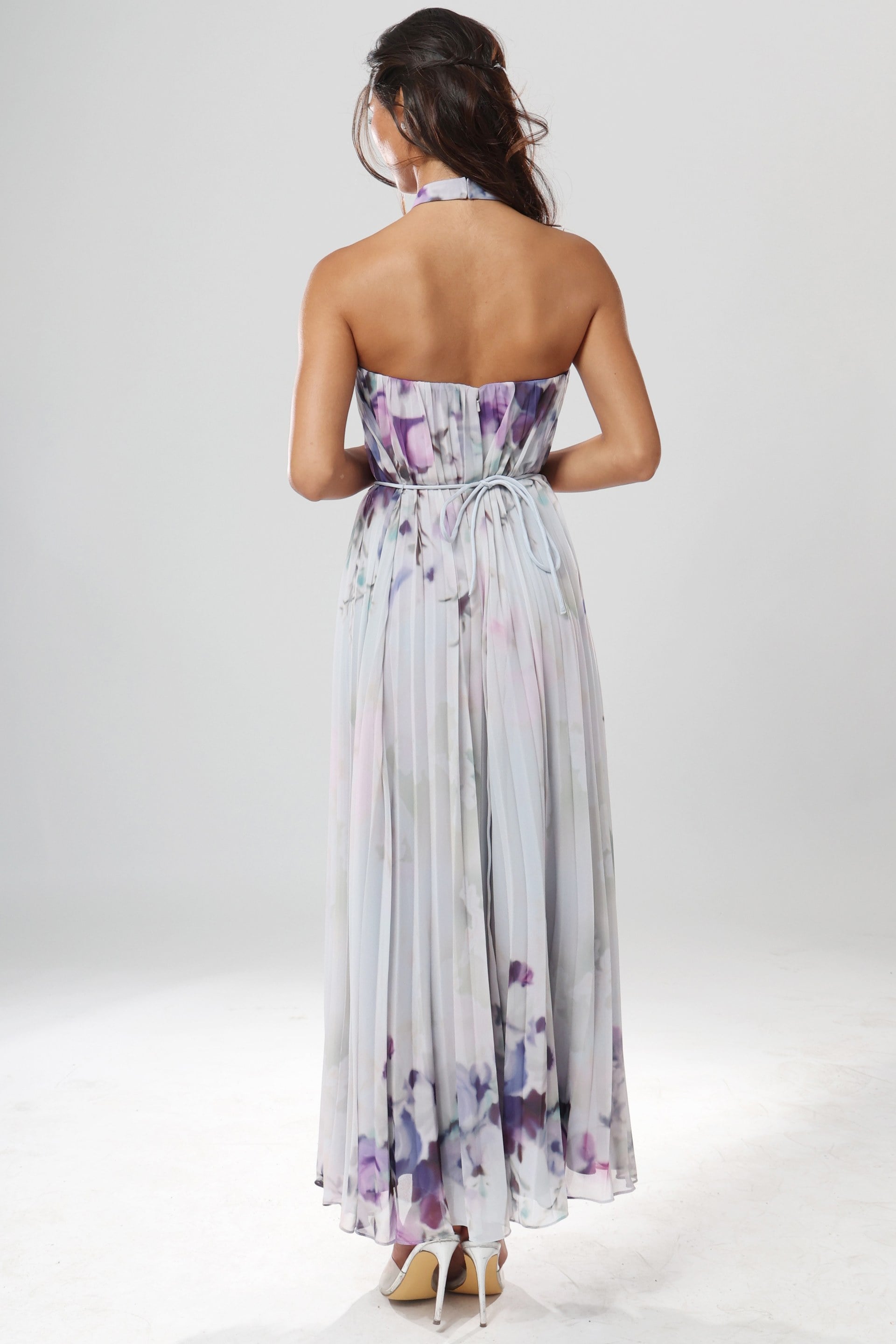 Print Halter Tea Length Pleated Chiffon Floral Print Evening Dress Jovani 55317