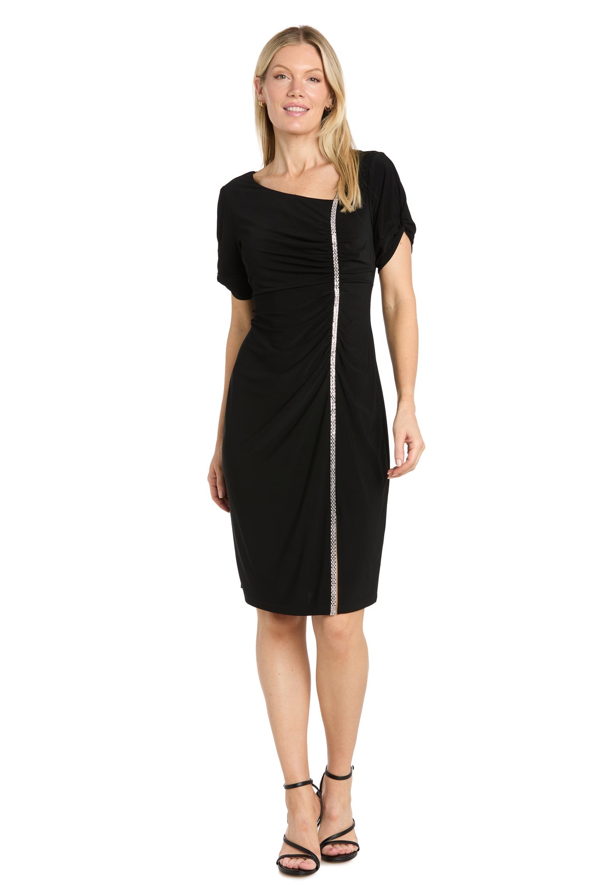 Black R&M Richards 5554 Asymmetrical-Neck Knee-Length Jersey Cocktail Party Dress