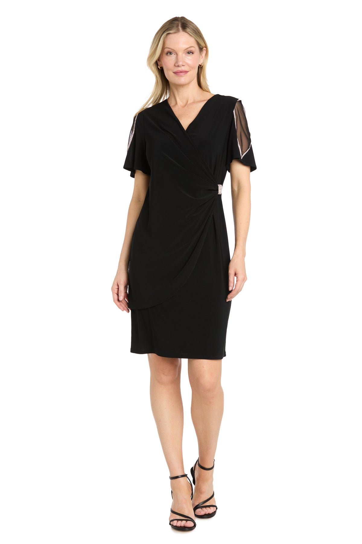 Black R&M Richards 5556 V-Neck Knee-Length Mesh Cocktail Dress Beaded