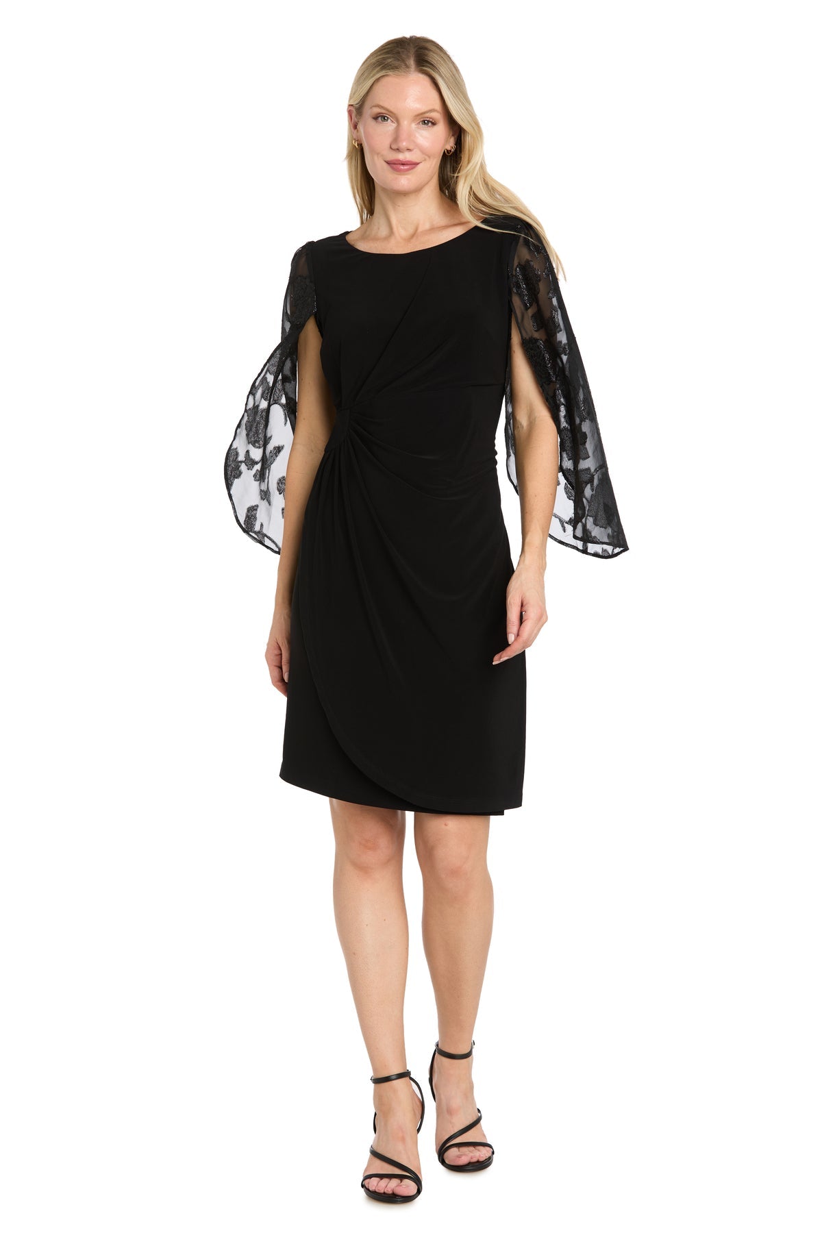 Black R&M Richards 5568 Boat Neck Knee-Length Jersey Cocktail Dress Capelet
