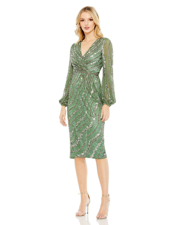 Sequin Beaded Dress Long Sleeve Cocktail Midi Mac Duggal 5573
