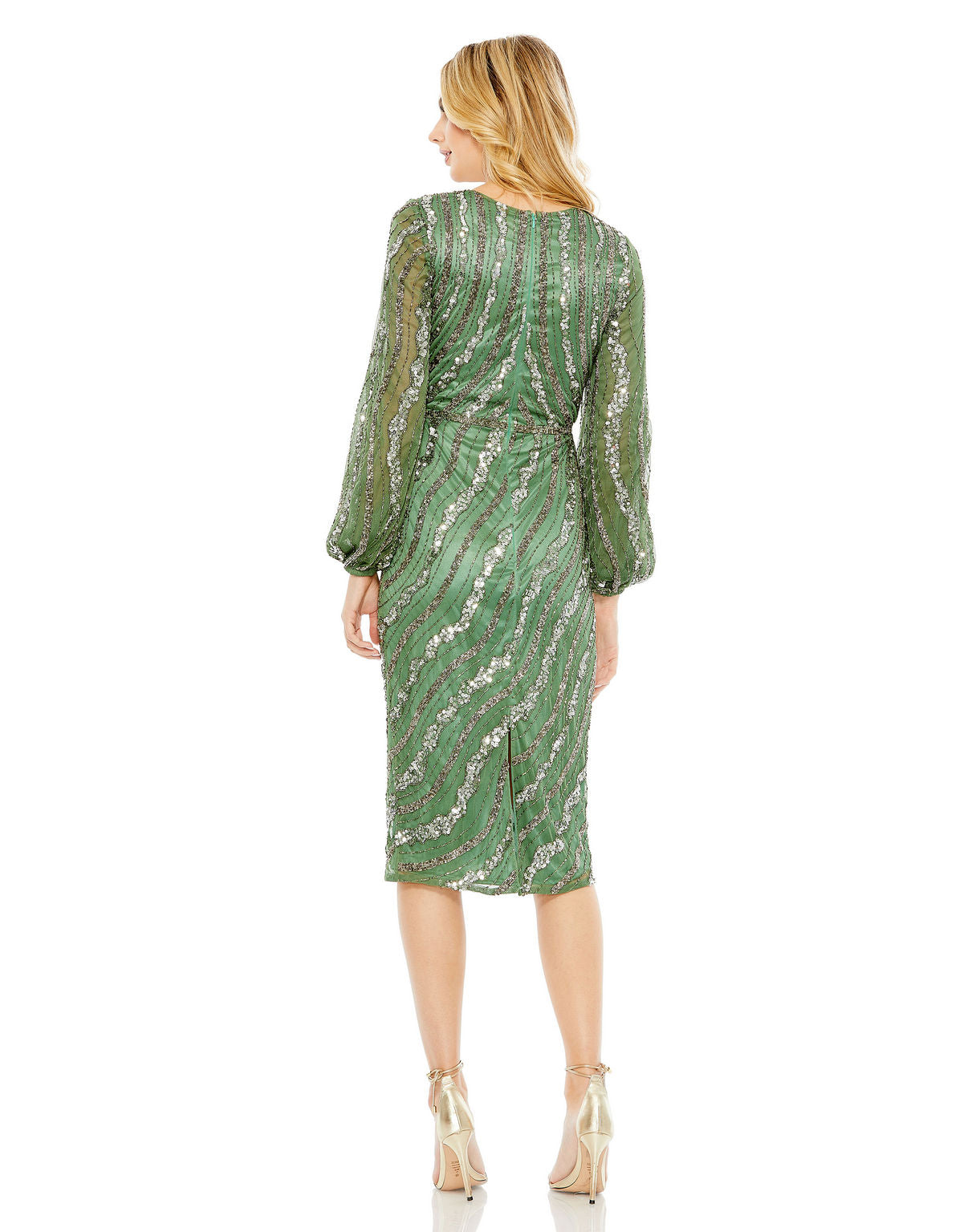 Mac Duggal 5573 Sequin Beaded Long Sleeve Cocktail Midi Dress