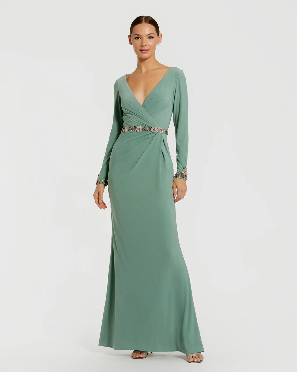 Mother of the Bride Dresses Beaded Long Sleeve Formal Mother of the Bride Dress Mac Duggal 55784 Sage