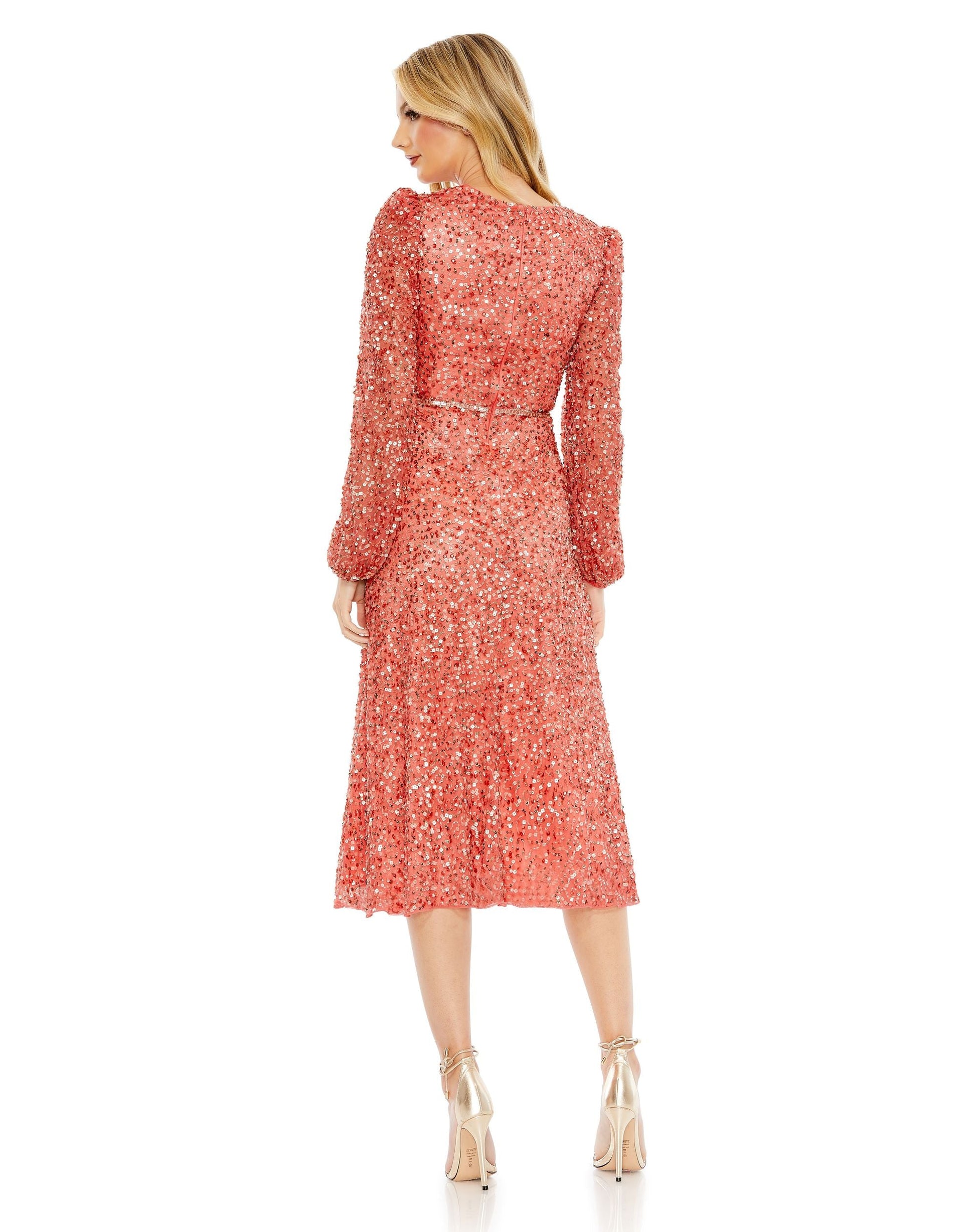 Mac Duggal 5588 Sequin A Line Long Sleeve Cocktail Midi Dress