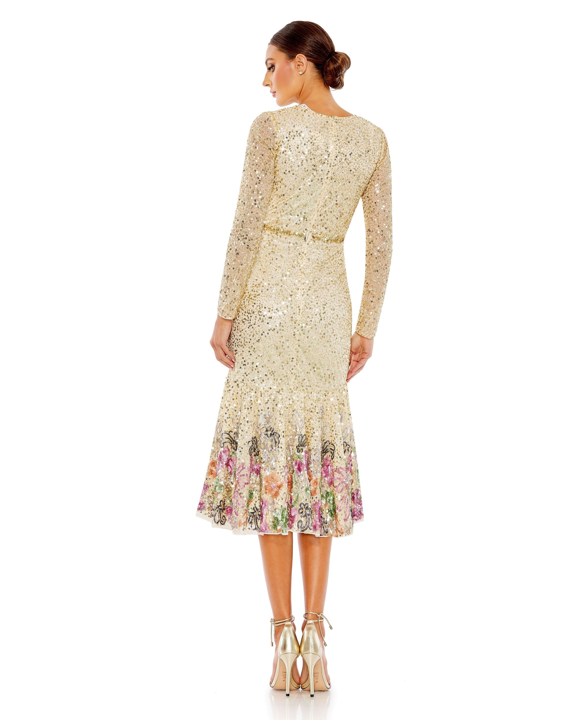 Mac Duggal 5589 Sequin Long Sleeve Floral Cocktail Midi Dress