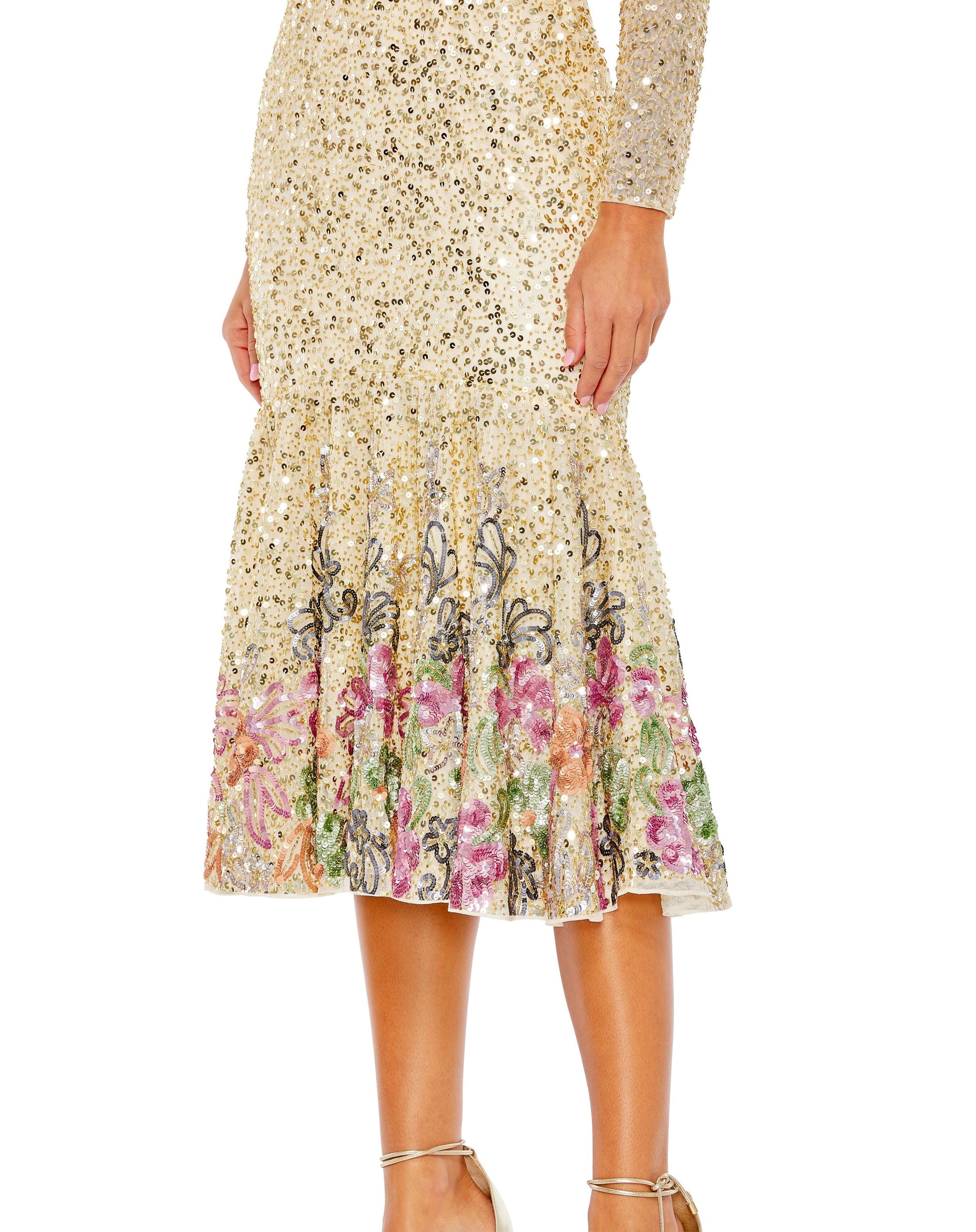 Mac Duggal 5589 Sequin Long Sleeve Floral Cocktail Midi Dress
