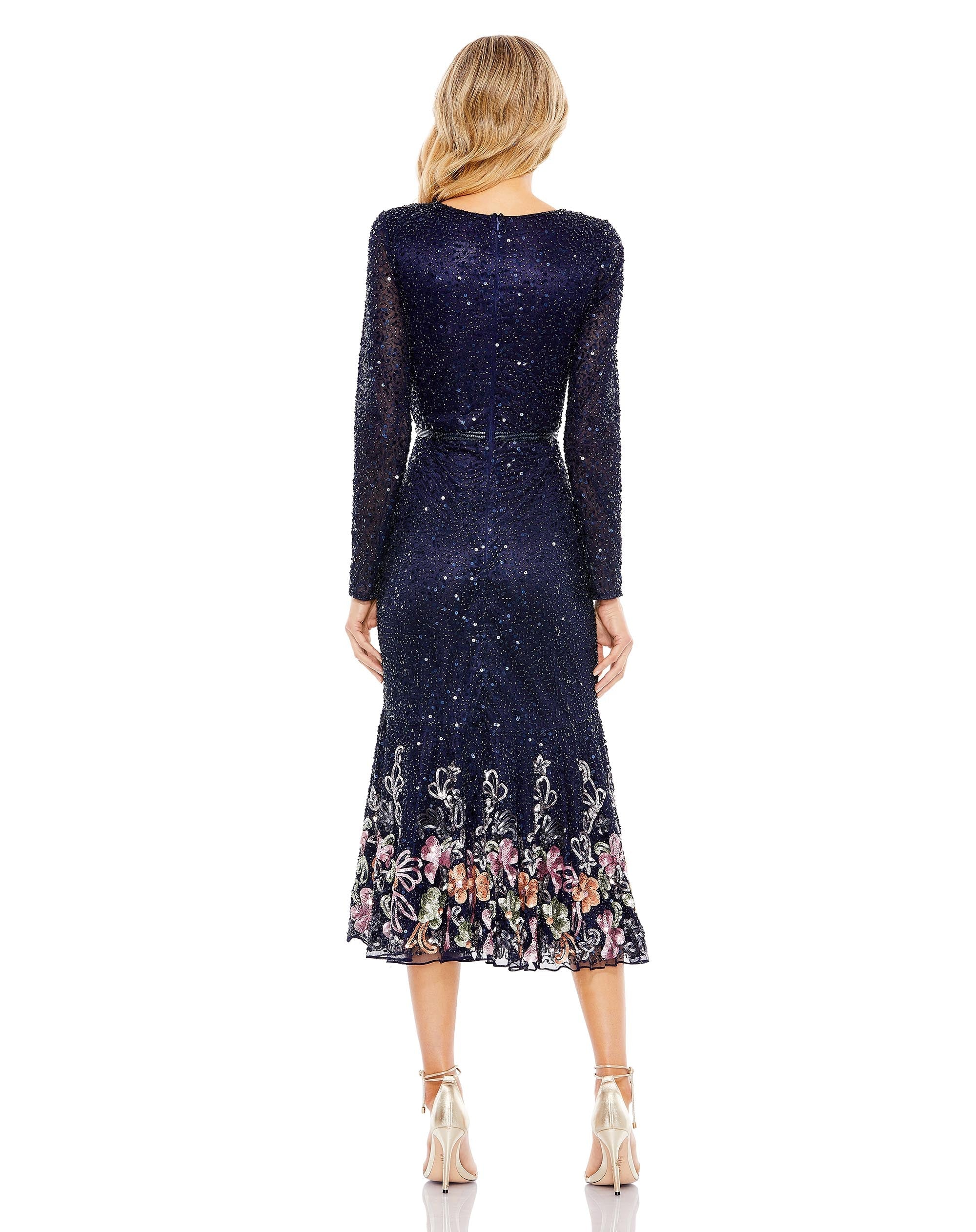 Midnight Mac Duggal 5589 Sequin Long Sleeve Floral Cocktail Midi Dress