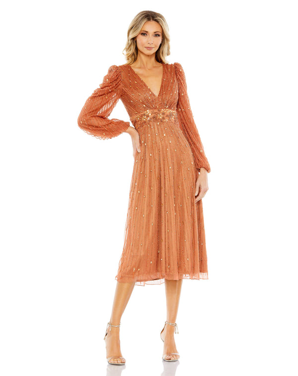 Beaded Long Sleeve A Line Cocktail Midi Dress Beaded A Line Cocktail Midi Long Sleeve Mac Duggal 5593