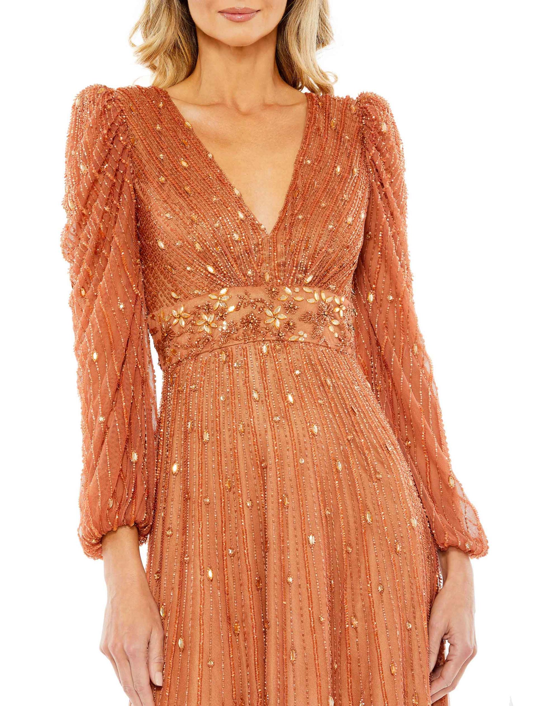 Mac Duggal 5593 Beaded Long Sleeve A Line Cocktail Midi Dress