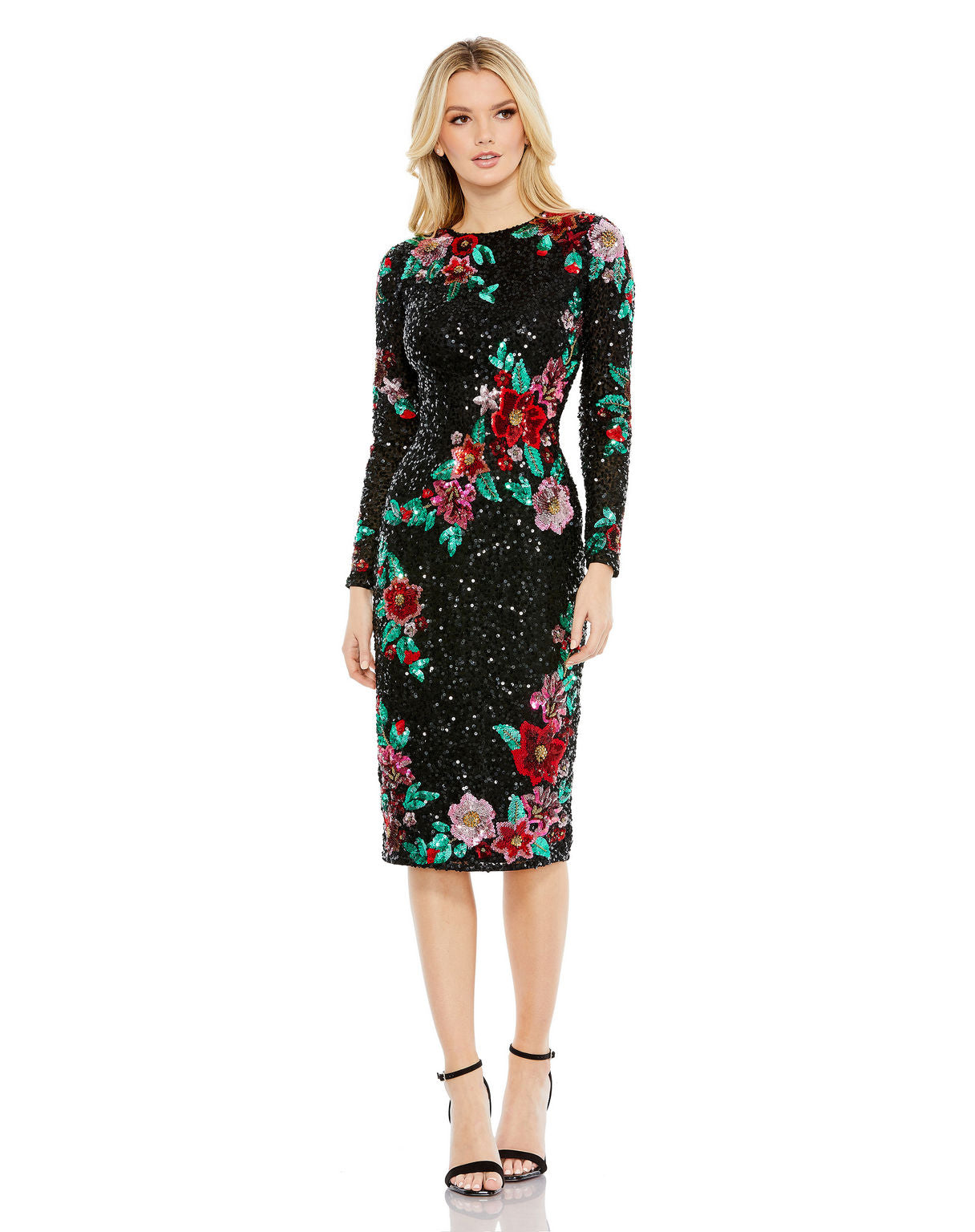 Long Sleeve Floral Sequin Dress Cocktail Midi Mac Duggal 5596