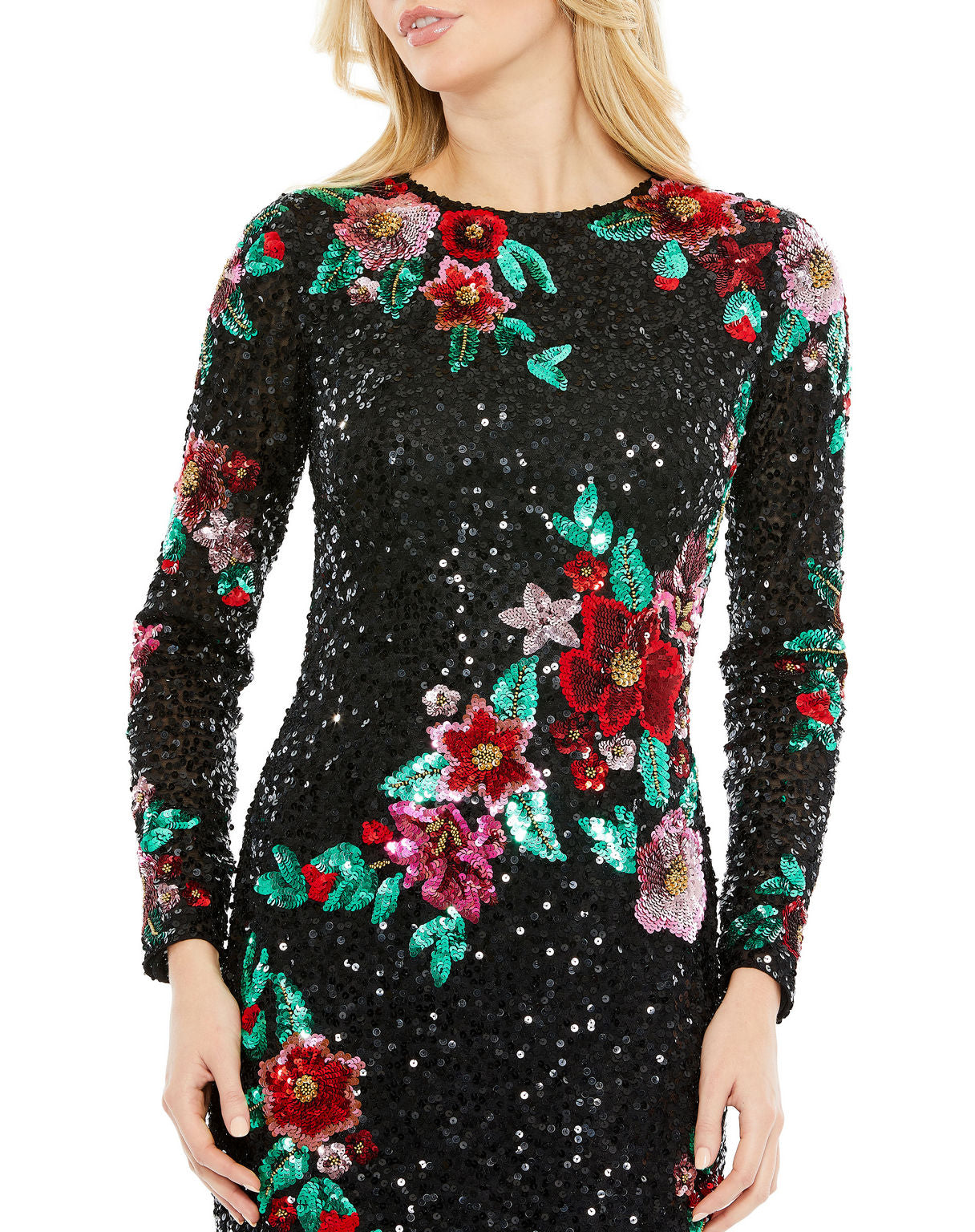 Mac Duggal 5596 Long Sleeve Floral Sequin Cocktail Midi Dress