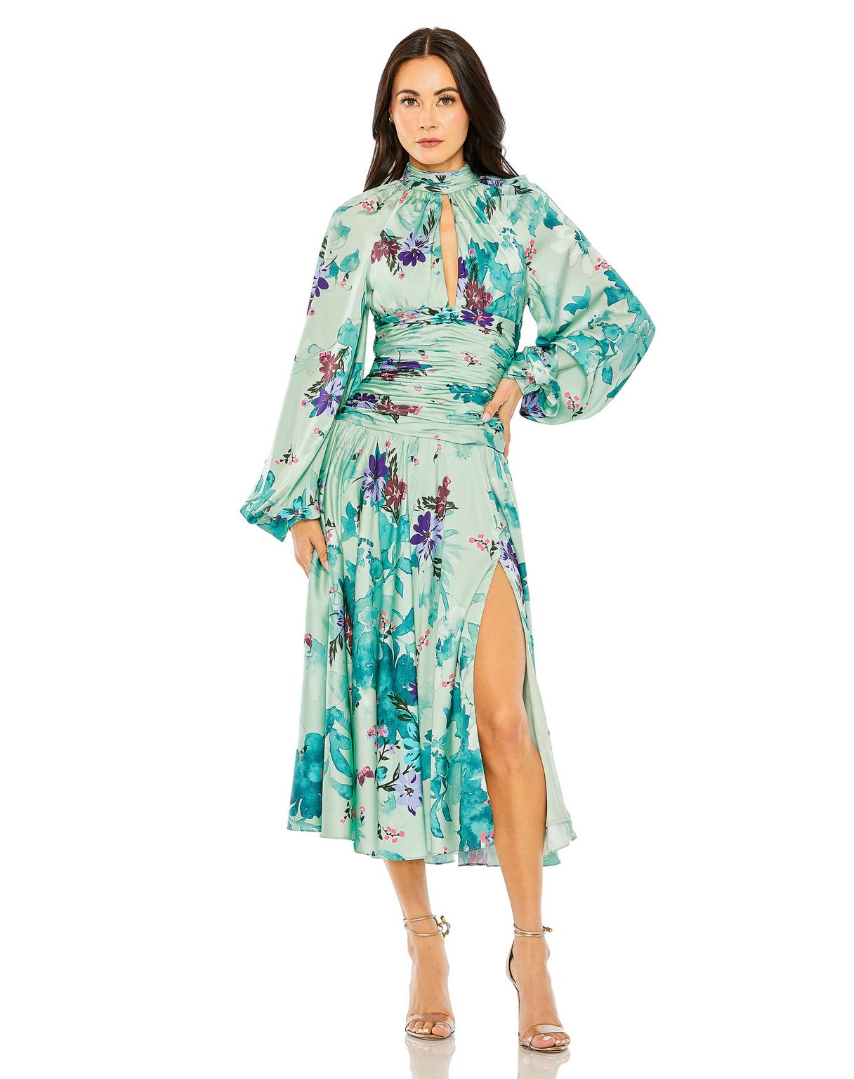 Formal Dresses Evening Slit Floral Tea Length Formal Dress  Sage Multi