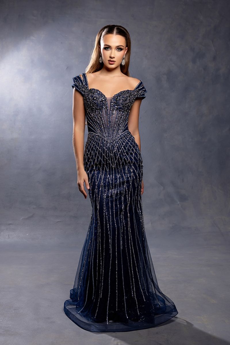 Navy Off-the-Shoulder Floor-Length Mesh Prom Corset Dress May Queen RQ8267