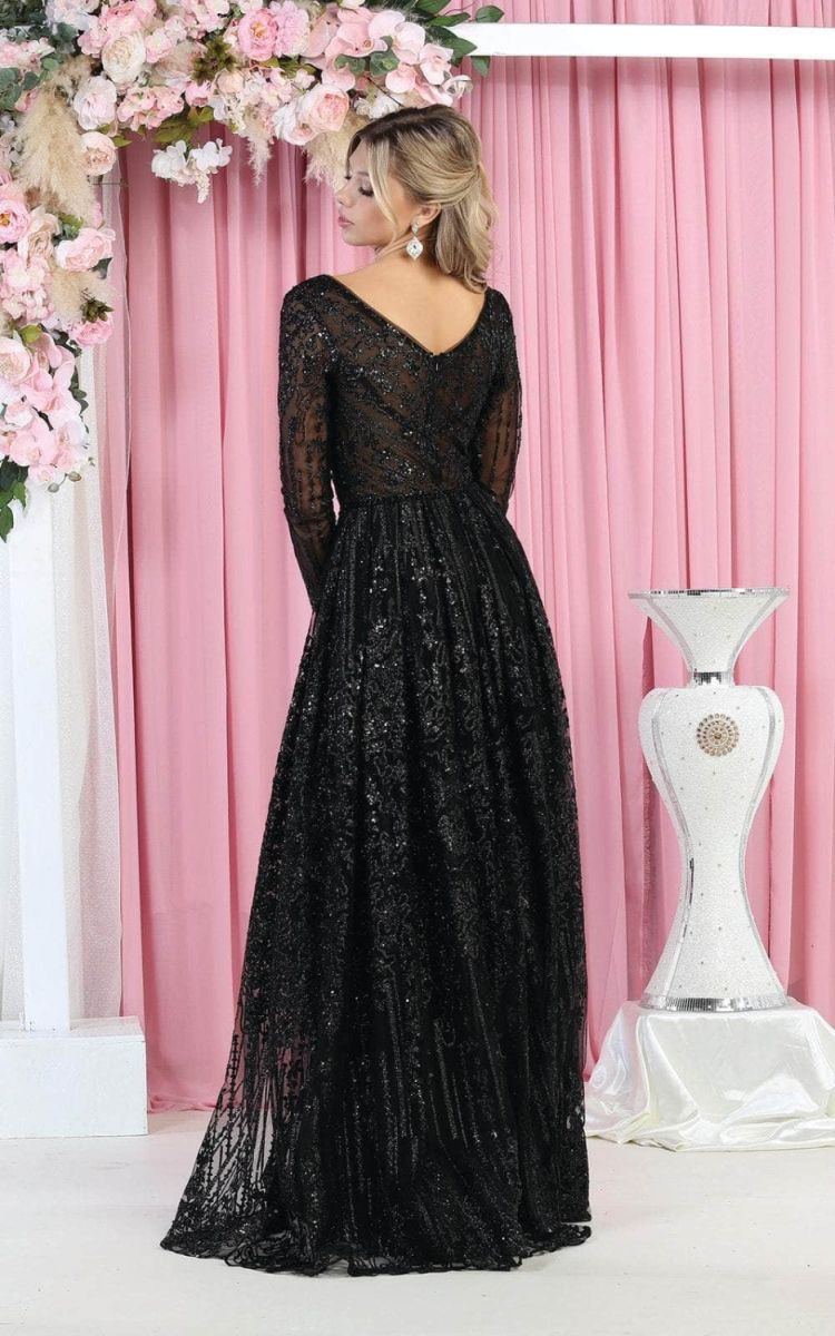 V-Neck Floor-Length Lace Evening Gown A-Line May Queen RQ7920
