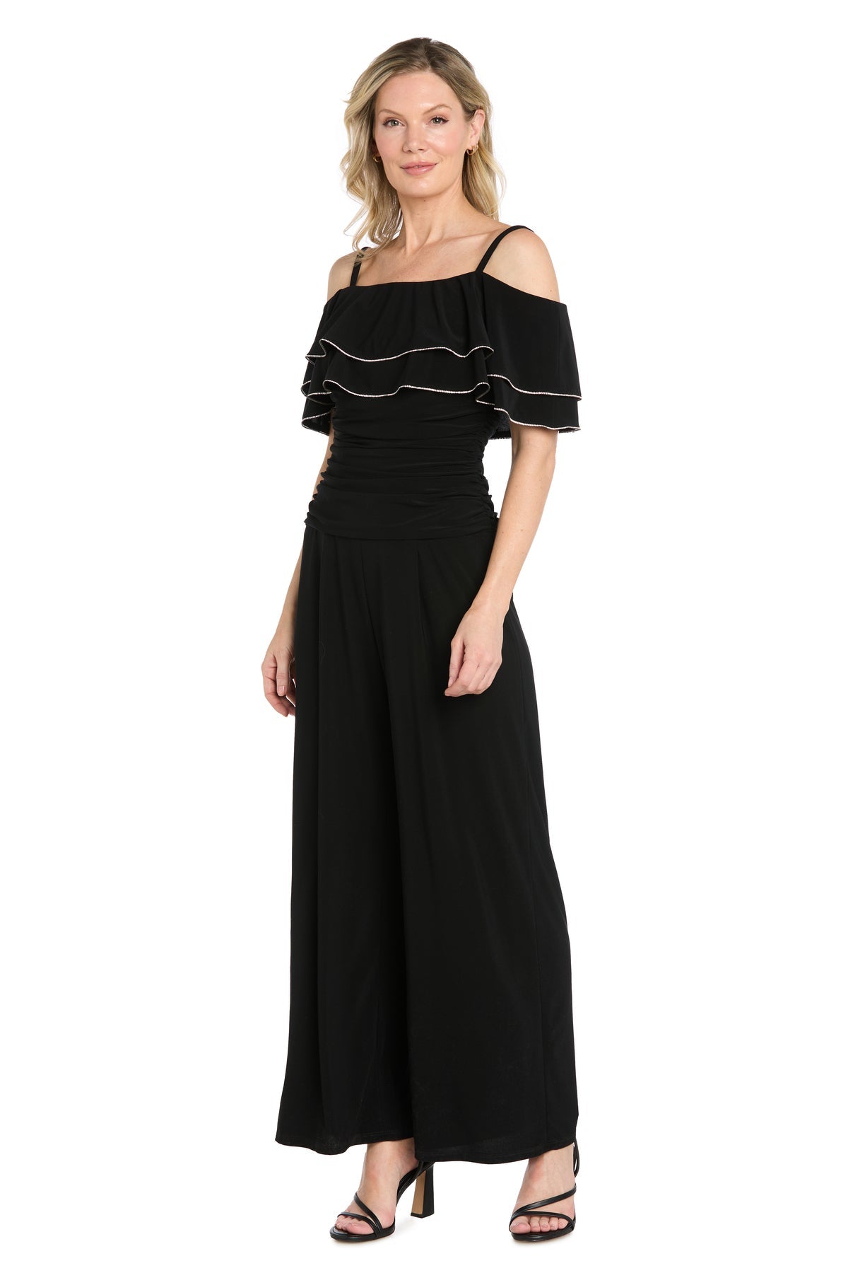 Black R&M Richards 5602 Cold-Shoulder Floor-Length Sequin Jumpsuit Ruffle